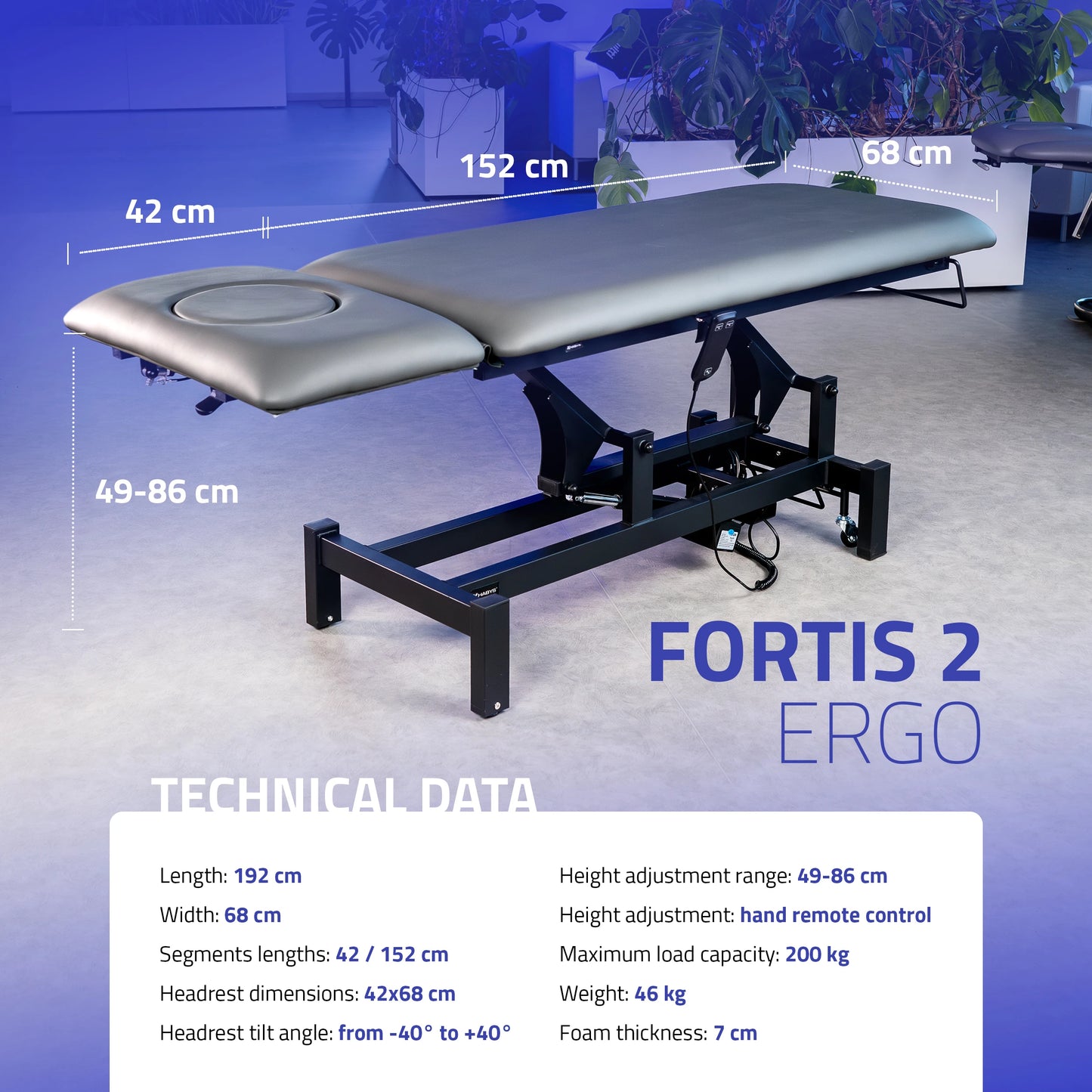 Fortis 2 ERGO treatment table, electric height adjustment, ERGO cushion