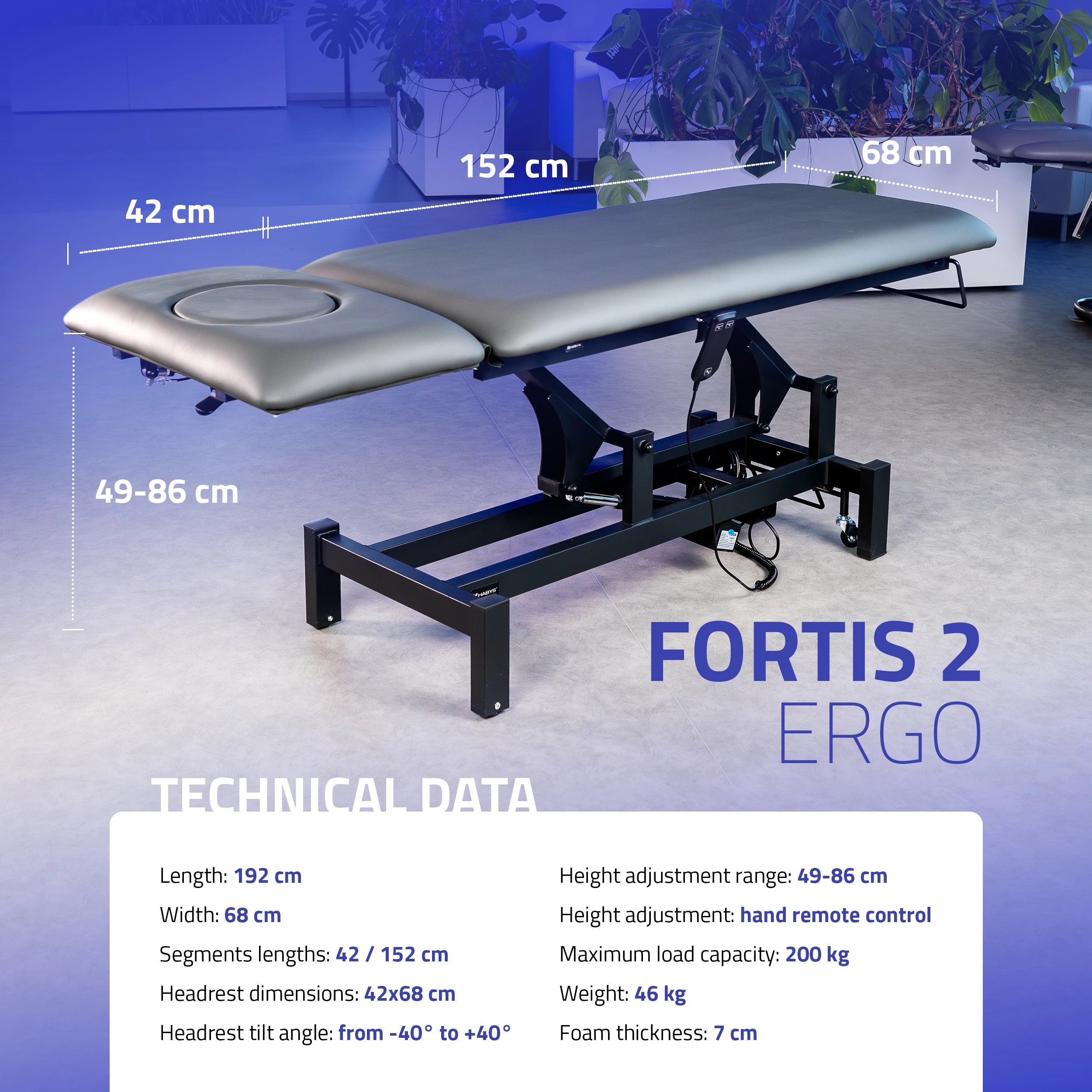Fortis 2 ERGO treatment table, electric height adjustment, ERGO cushion