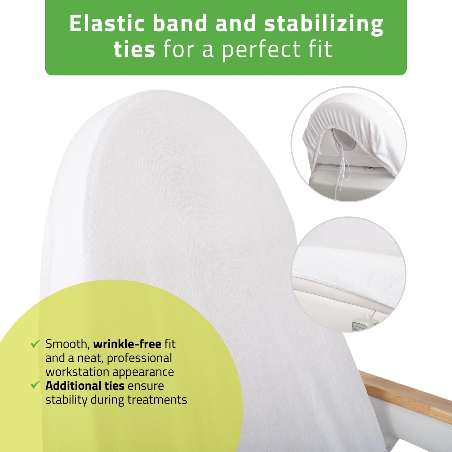Frotté lakan med elastik och band för behandlingsstol, 70 × 190 cm vit
