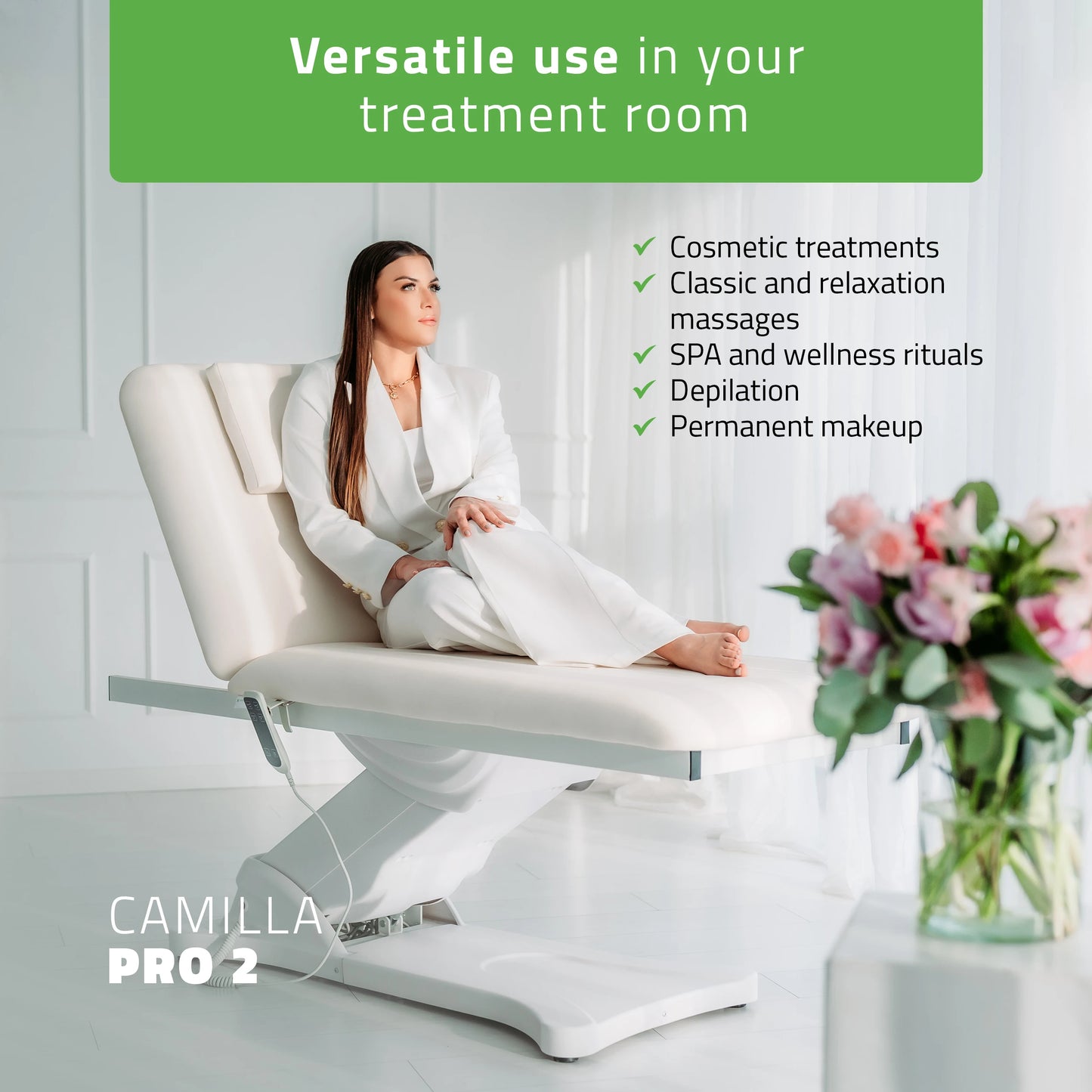 Elektrisk uppvärmd behandlingsbänk Camilla PRO 2 för massage och spa-behandlingar