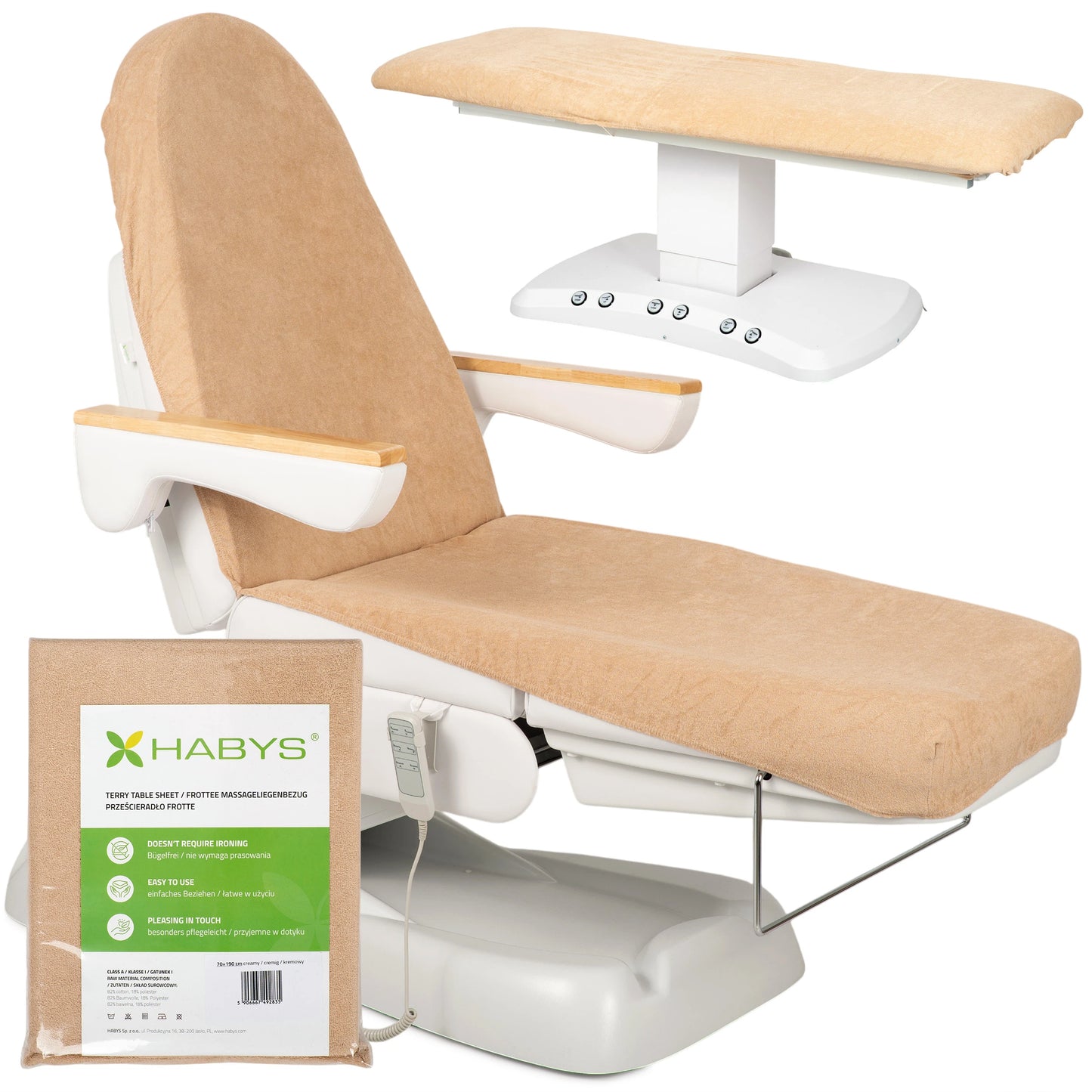 Frotte sheet with elastic and ties for cosmetic chair, 70 × 190 cm creamy latte