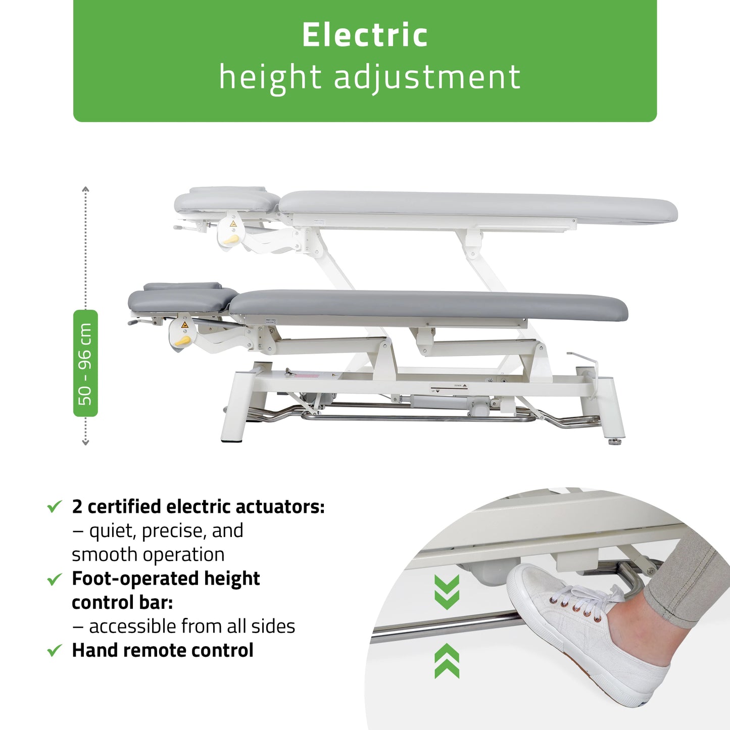 Proxima V4 Ergo therapy table, electric height adjustment with foot control bar, ERGO cushion, Touch Core k322 gray