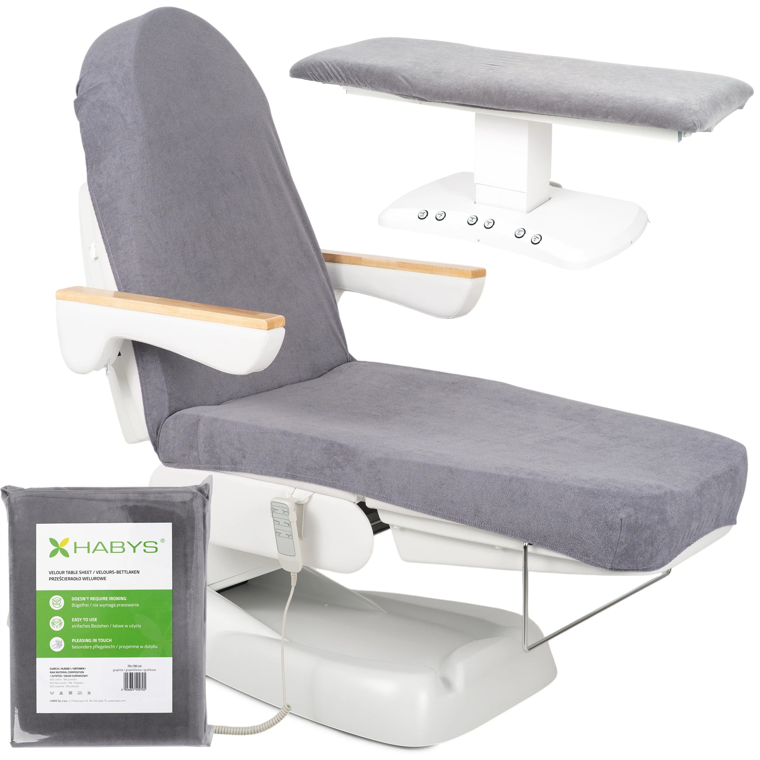 Velour lakan med elastik och band för behandlingsstol, 70 × 190 cm grafit