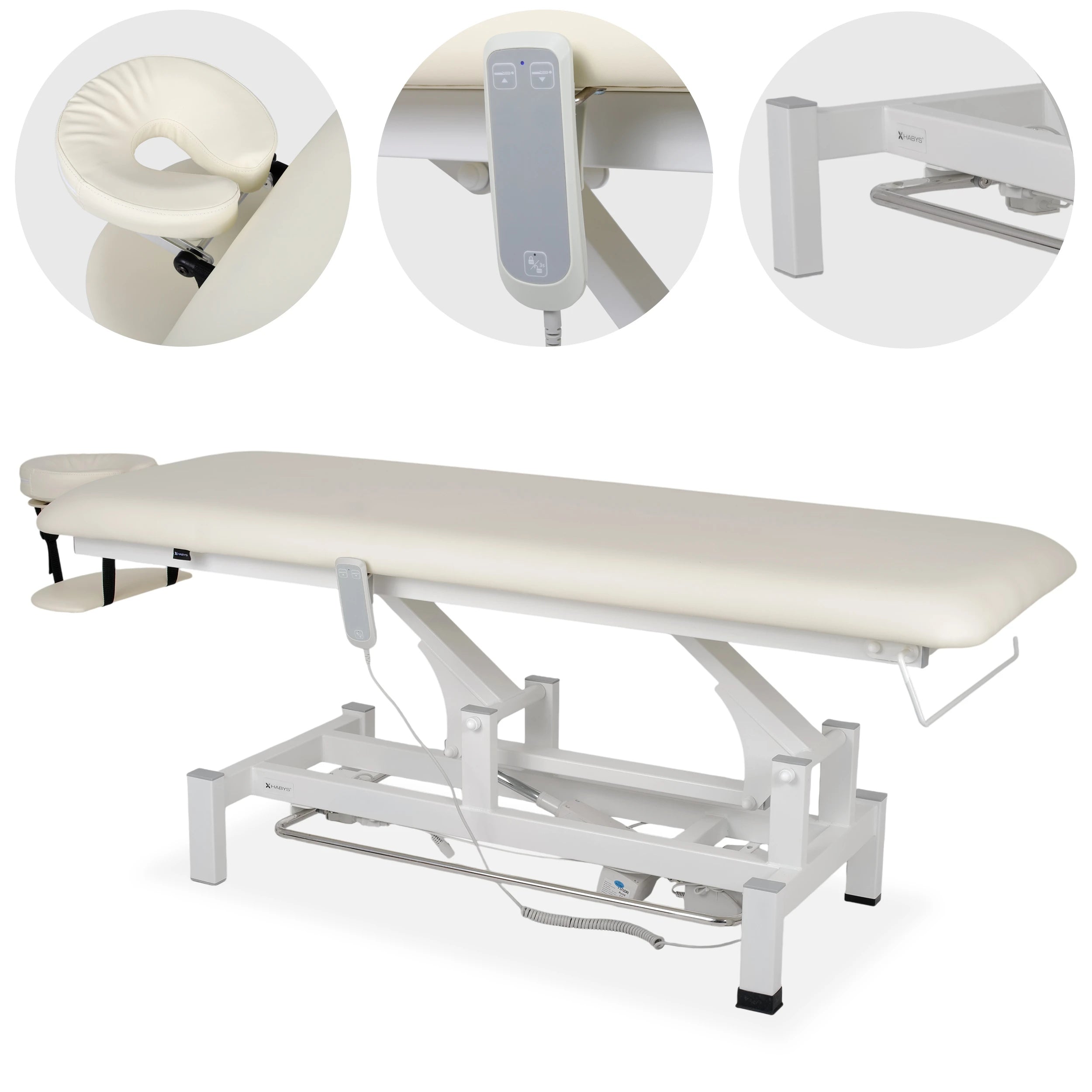 Fortis 1 treatment table, electric adjustment, hand remote control, foot control bar, headrest, arm shelf  k707 ivory