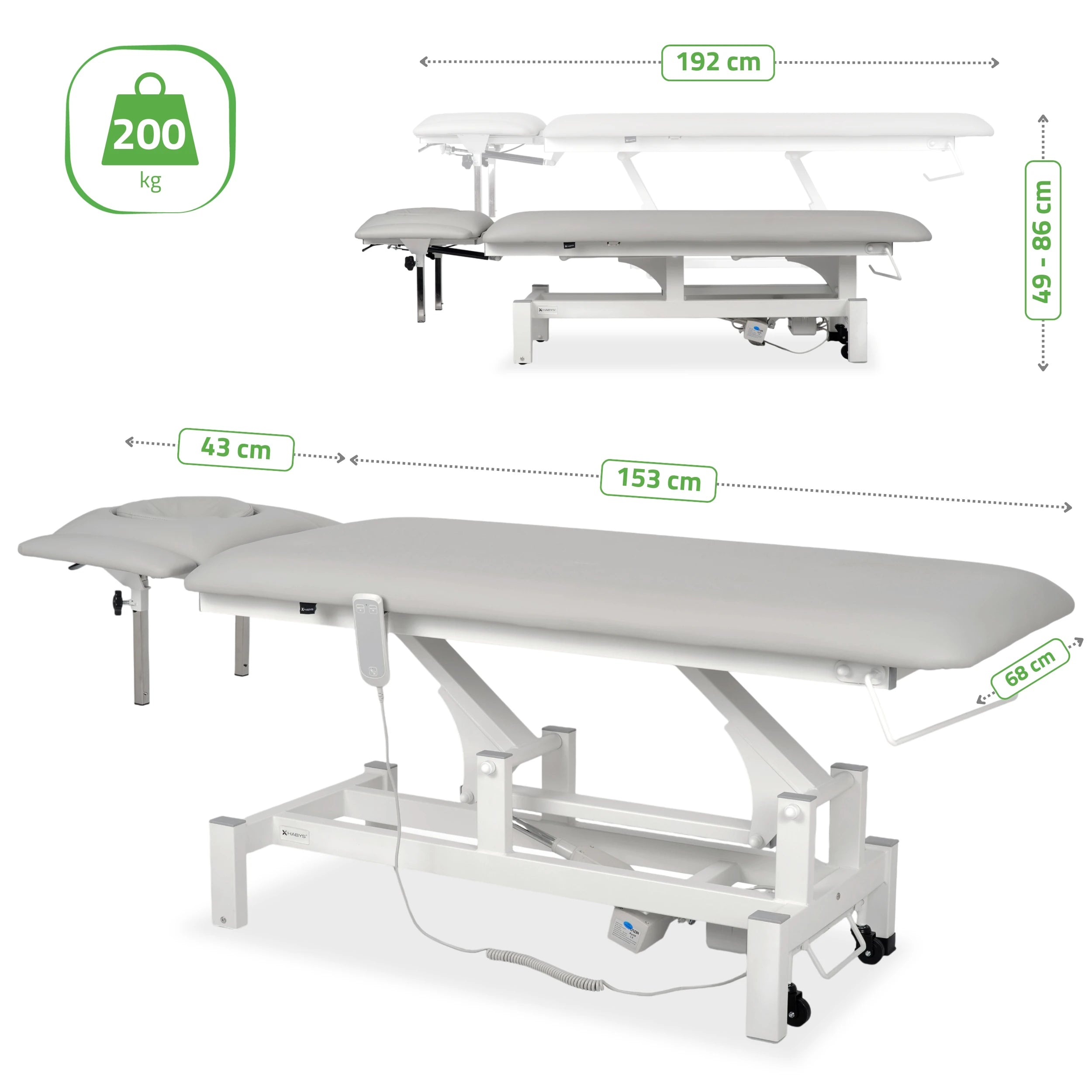 Fortis 4 ERGO treatment table, electric height adjustment with hand remote control, ERGO cushion, k729 light gray
