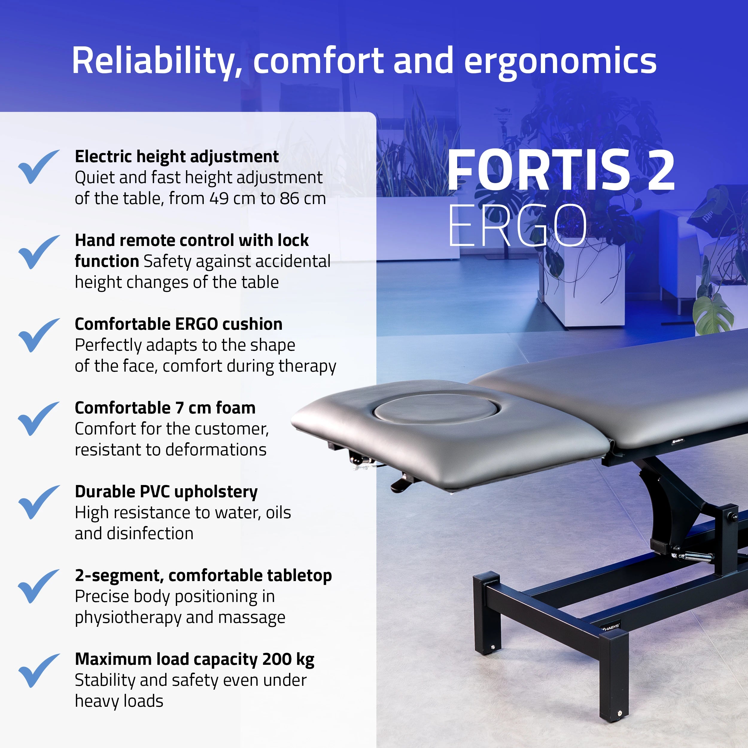 Fortis 2 ERGO treatment table, electric height adjustment, ERGO cushion
