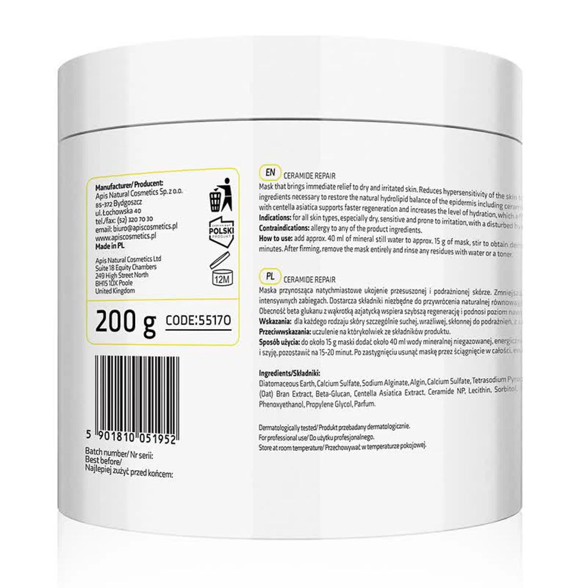 Apis CERAMIDE REPAIR Lugnande algmask med keramider och beta glucan 200 g