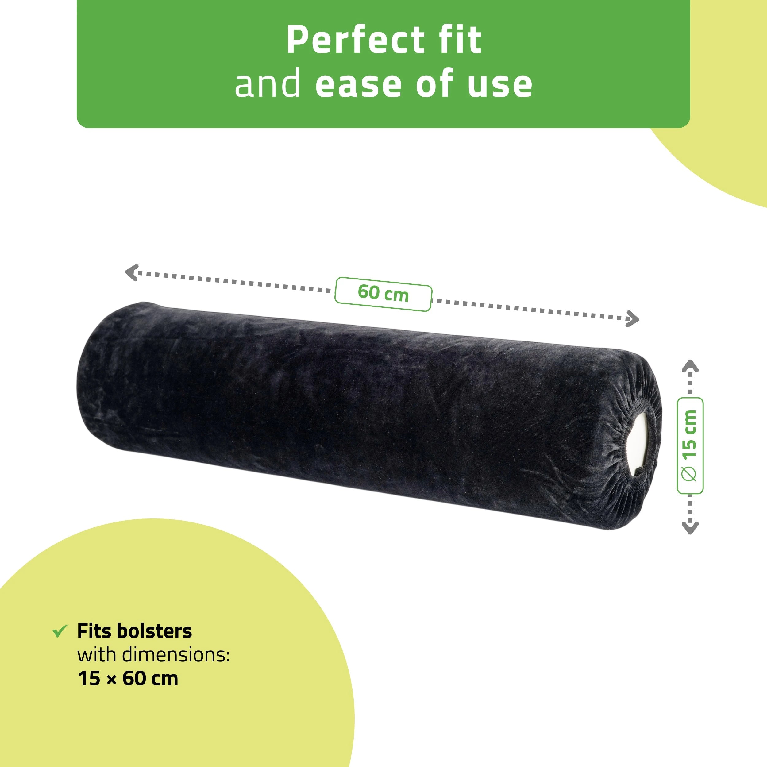 Velour cover with elastic for bolster, 15 × 60 cm black